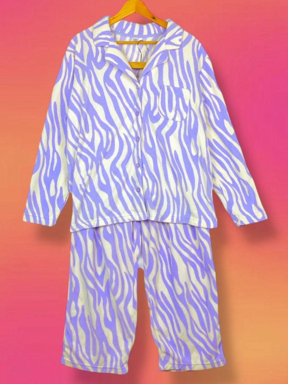 Vintage 90s Funky Purple Zebra Flame Animal Print Fleece Lounge Sleepover PJ Set